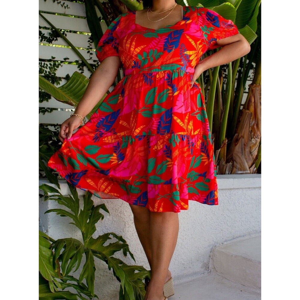 Red Tropical Summer Mini Dress Puff Sleeves Medium